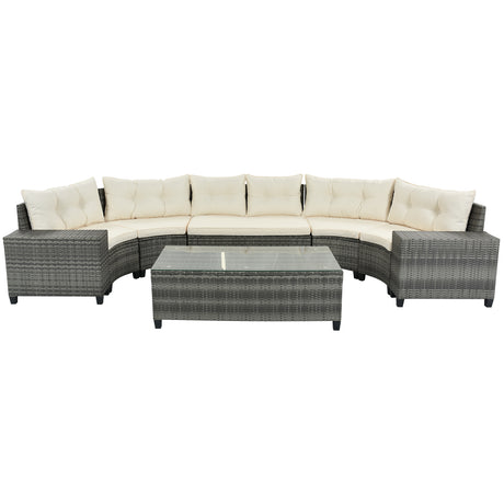 GO 8-pieces Outdoor Wicker Round Sofa Set, Half-Moon Sectional Sets All Weather, Curved Sofa Set With Rectangular Coffee Table, PE Rattan Water-resistant and UV Protected, Movable Cushion, Beige - Home Elegance USA