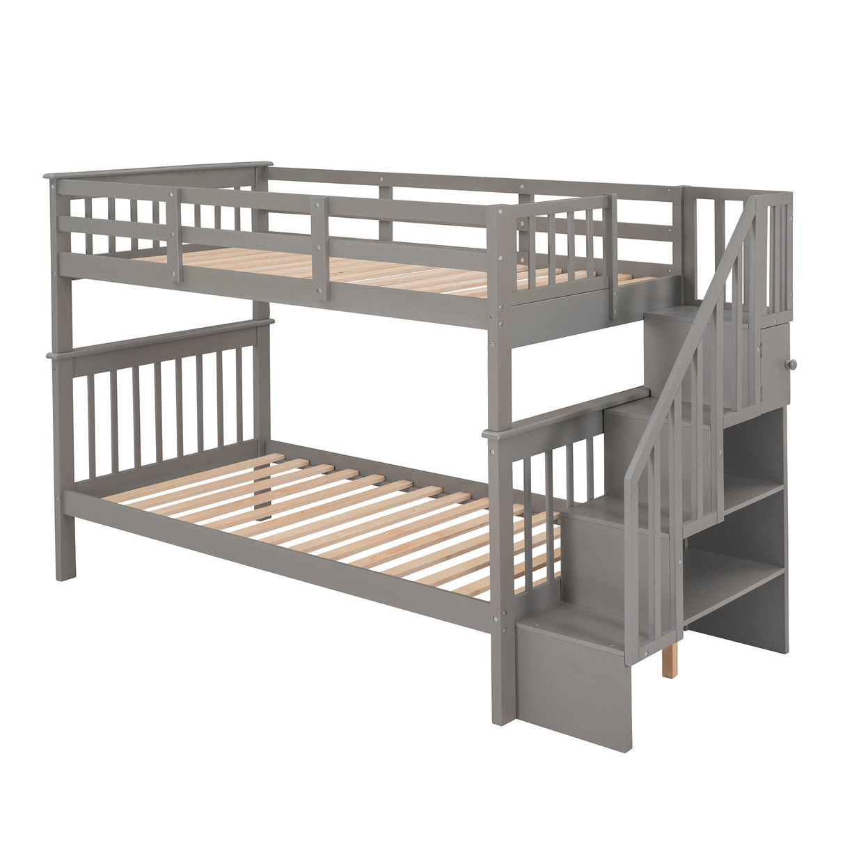 Stairway Twin-Over-Twin Bunk Bed with Storage and Guard Rail for Bedroom, Dorm, Gray color(OLD SKU :LP000109AAE) - Home Elegance USA