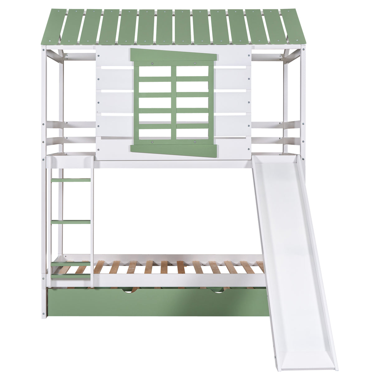 Twin over Twin Size House Bunk Bed with Convertible Slide and Trundle, White+Green - Home Elegance USA