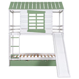 Twin over Twin Size House Bunk Bed with Convertible Slide and Trundle, White+Green - Home Elegance USA