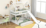 Twin over Full House Bunk Bed with Slide and Built-in Ladder,Full-Length Guardrail,White - Home Elegance USA