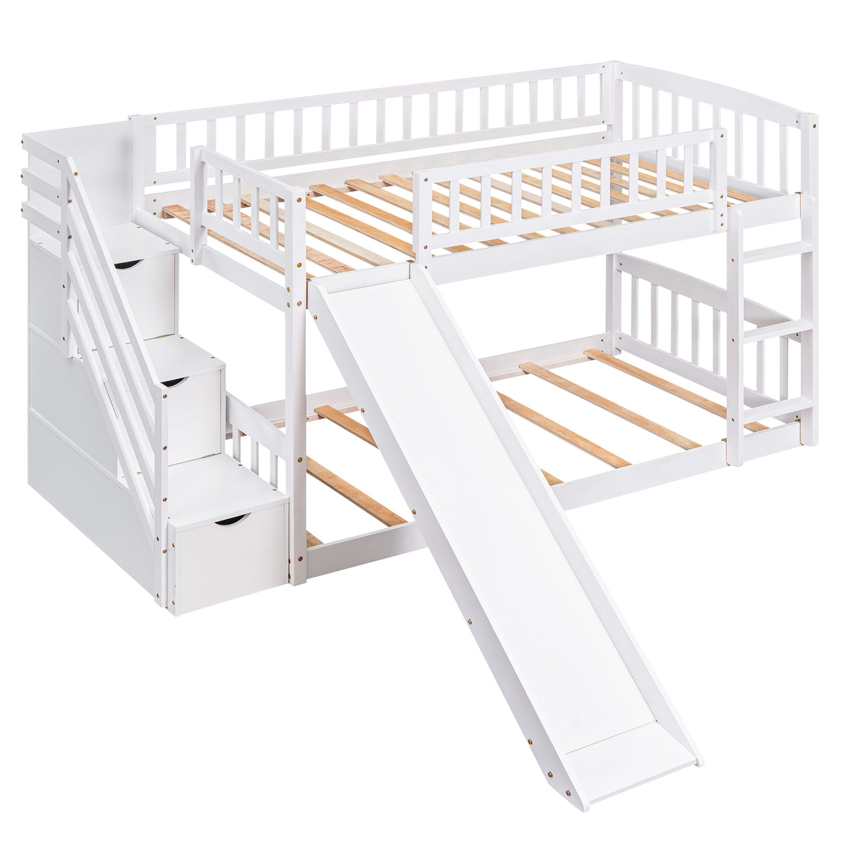 Stairway Twin over Twin Bunk Bed with Two Drawers and Slide, White(OLD SKU :LT000155AAK) - Home Elegance USA