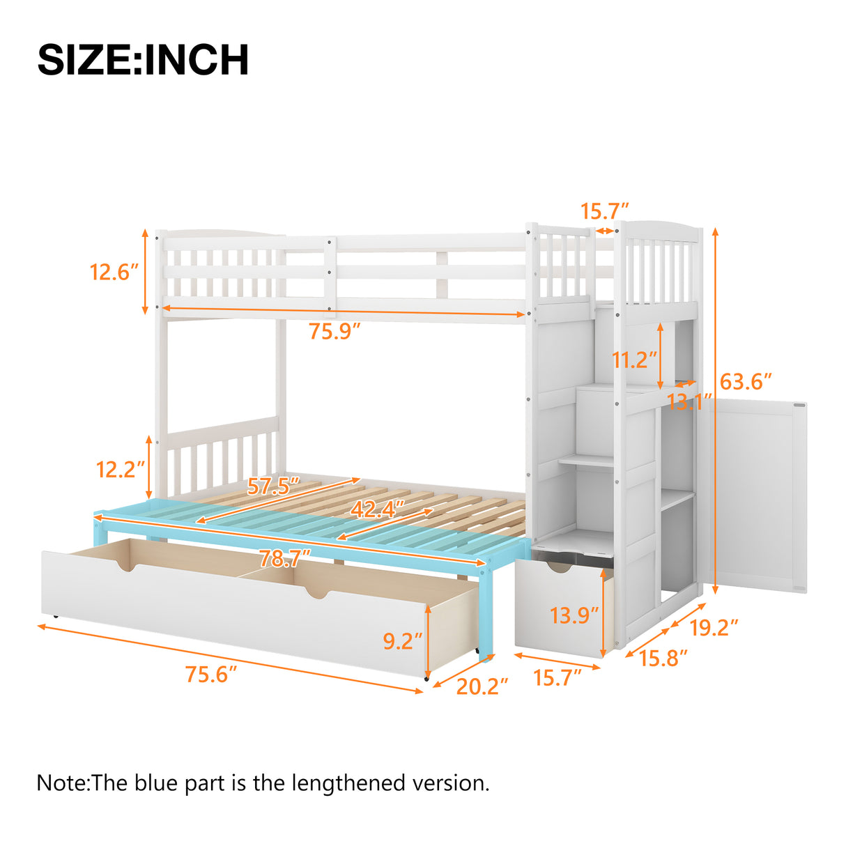 Twin over Full/Twin Bunk Bed, Convertible Bottom Bed, Storage Shelves and Drawers, White - Home Elegance USA