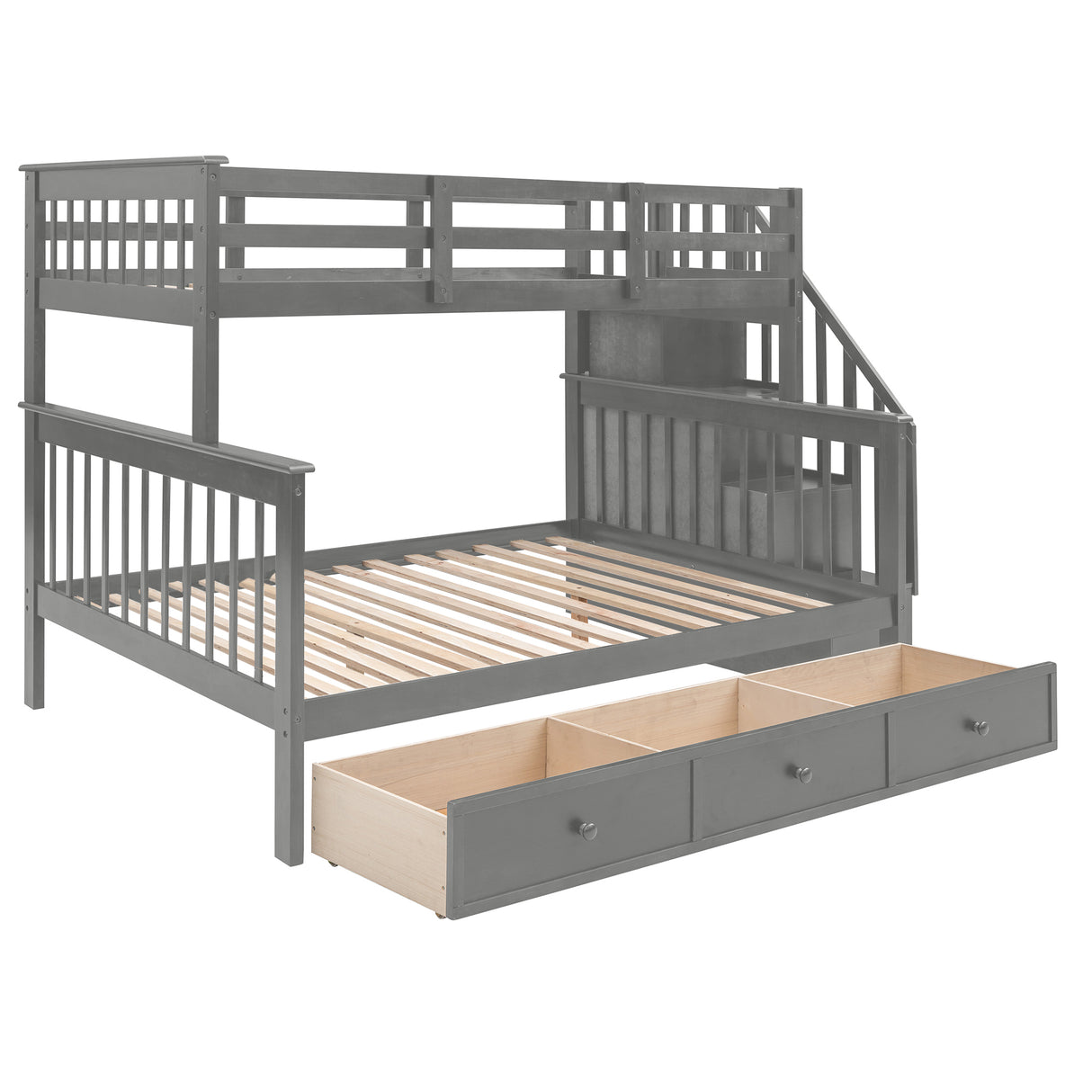 Stairway Twin-Over-Full Bunk Bed with Drawer, Storage and Guard Rail for Bedroom, Dorm, for Adults, Gray color(Old SKU: LP000219AAE) Home Elegance USA