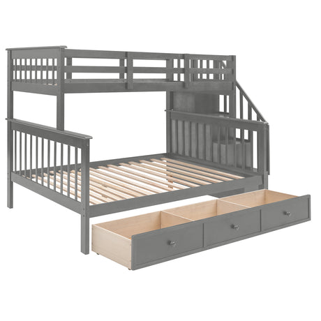 Stairway Twin-Over-Full Bunk Bed with Drawer, Storage and Guard Rail for Bedroom, Dorm, for Adults, Gray color(Old SKU: LP000219AAE)