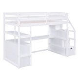 Twin Size Loft Bed with Desk and Shelves, Two Built-in Drawers, Storage Staircase, White