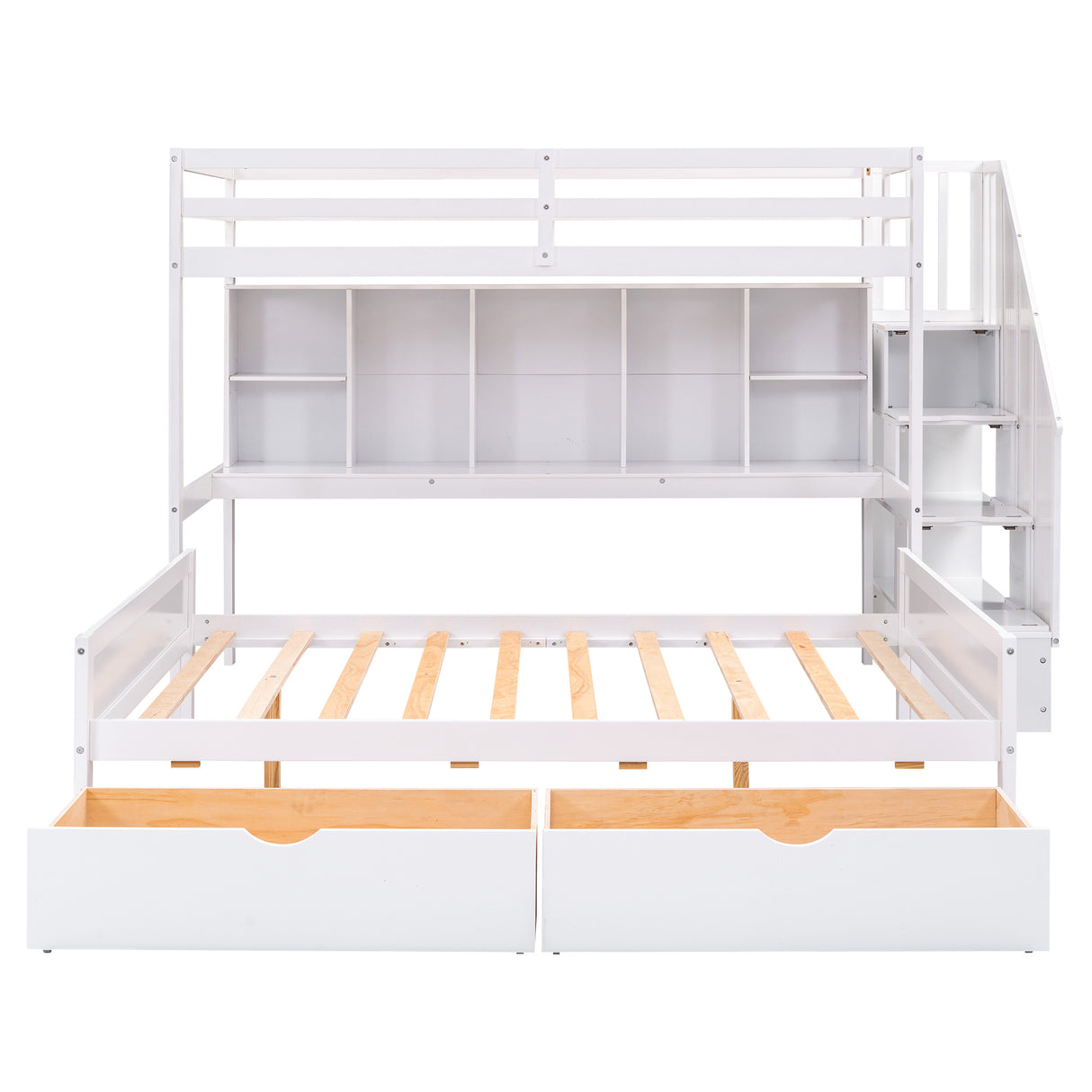 Twin XL over Full Bunk Bed with Built-in Storage Shelves, Drawers and Staircase,White - Home Elegance USA