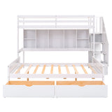 Twin XL over Full Bunk Bed with Built-in Storage Shelves, Drawers and Staircase,White - Home Elegance USA