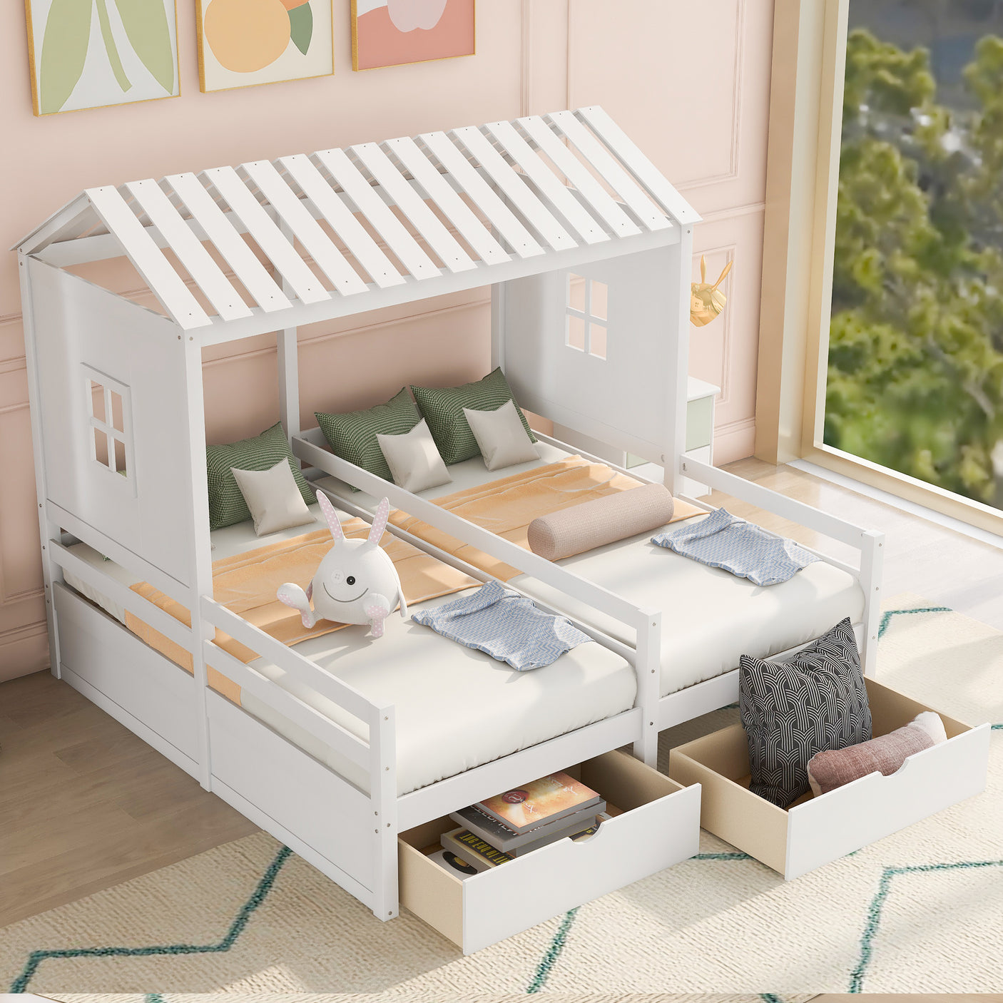 Twin Size House Platform Beds with Two Drawers for Boy and Girl Shared Beds, Combination of 2 Side by Side Twin Size Beds, White - Home Elegance USA