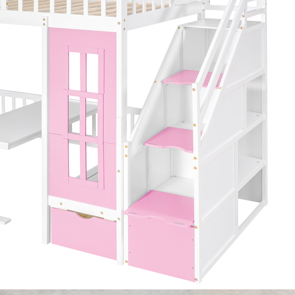 Twin-Over-Twin Bunk Bed with Changeable Table , Bunk Bed  Turn into Upper Bed and Down Desk with 2 Drawers - Pink - Home Elegance USA
