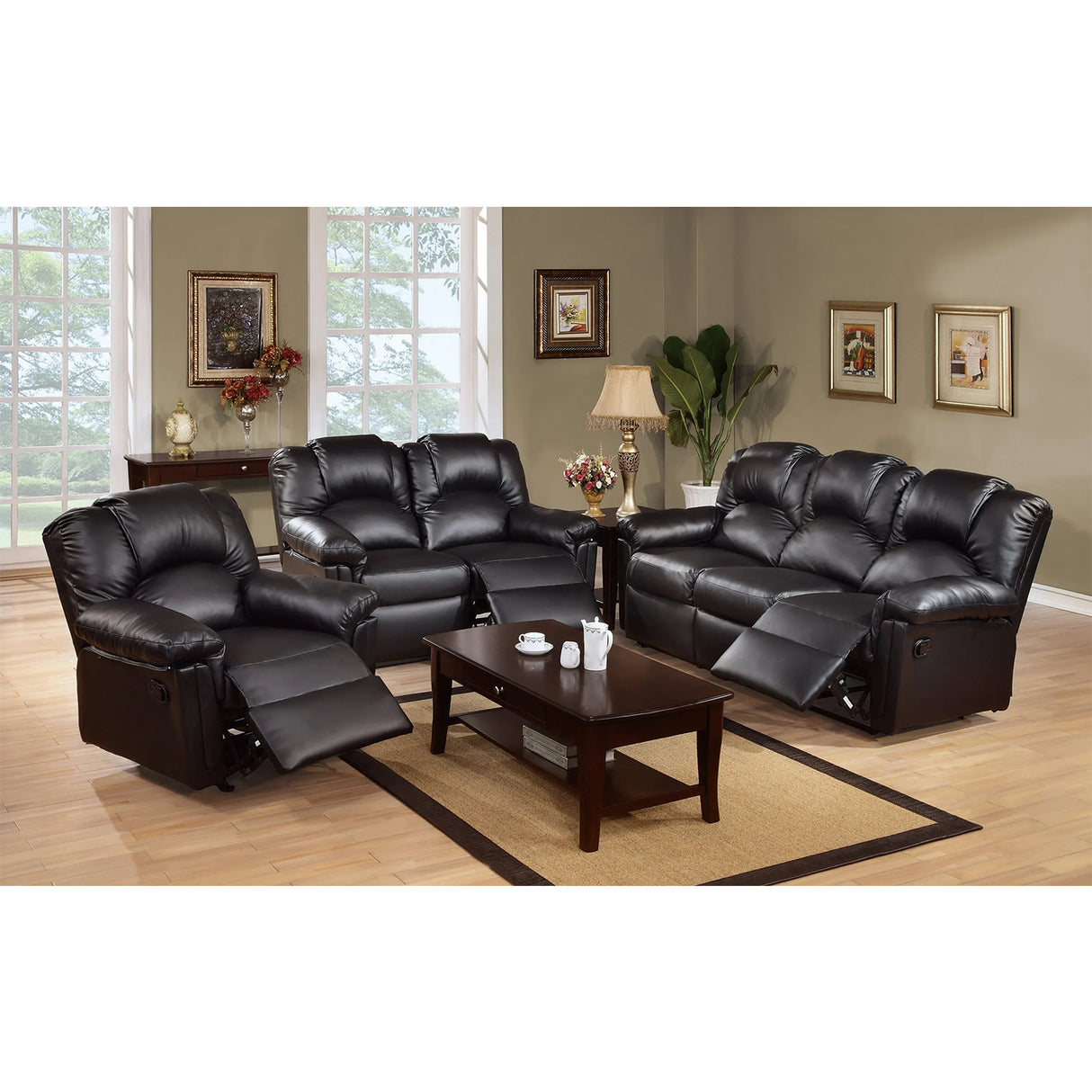 3 Seats Bonded Leather Manual Motion Reclining Sofa in Black - B01682189 - image - 5