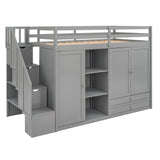 Functional Loft Bed with 3 Shelves, 2 Wardrobes and 2 Drawers,  Ladder with Storage, No Box Spring Needed, Gray - Home Elegance USA