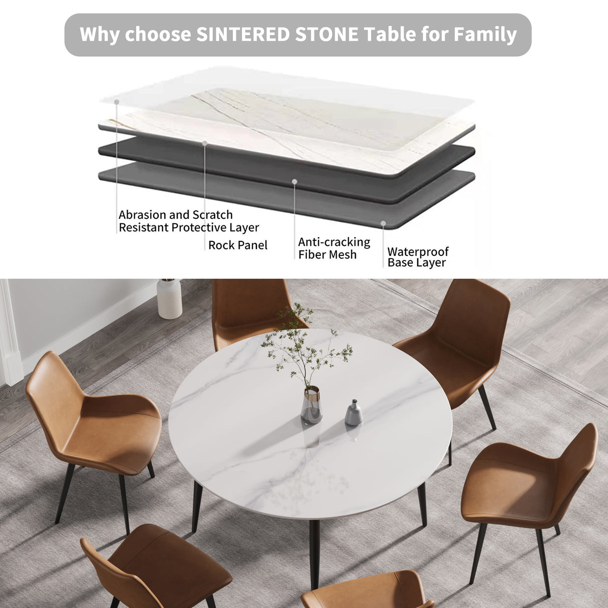 53.15"Modern man - made stone round black metal dining table - position for 6 people - W1535S00001 - image - 6