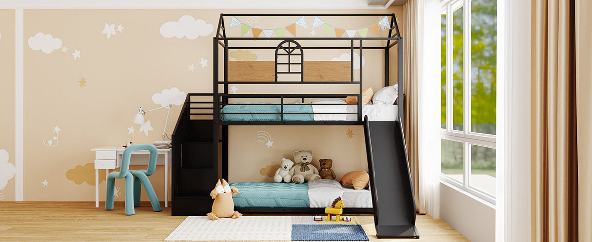 Twin Over Twin Metal Bunk Bed ,Metal Housebed with Slide and Storage Stair,Black with Black Slide(OLD SKU:LP000195AAB) - Home Elegance USA