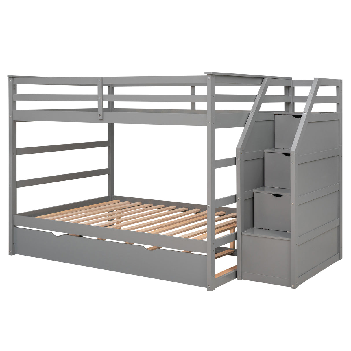 Full-over-Full Bunk Bed with Twin Size Trundle and 3 Storage Stairs,Gray - Home Elegance USA