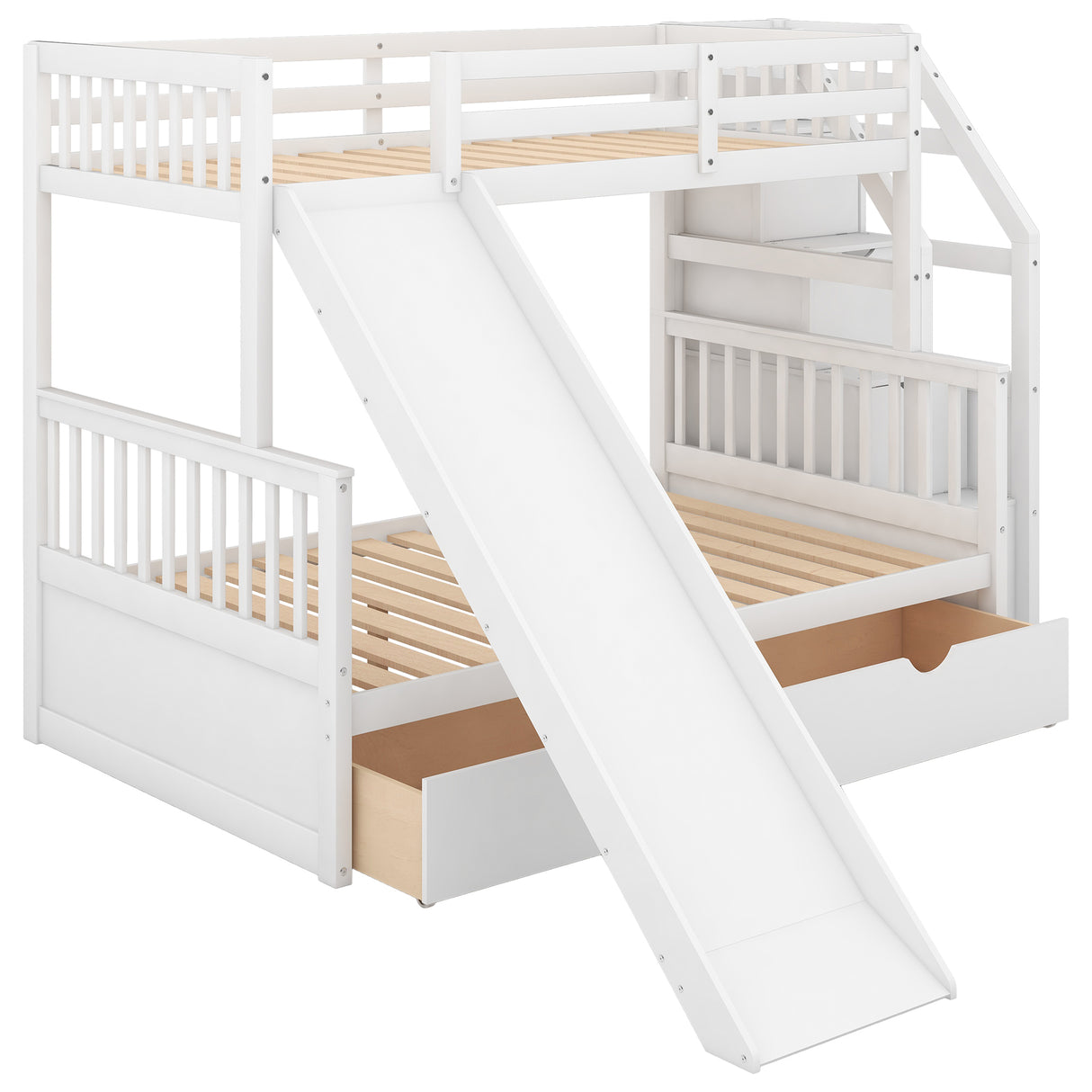 Twin over Full Bunk Bed with Drawers,Storage and Slide, Multifunction, White - Home Elegance USA