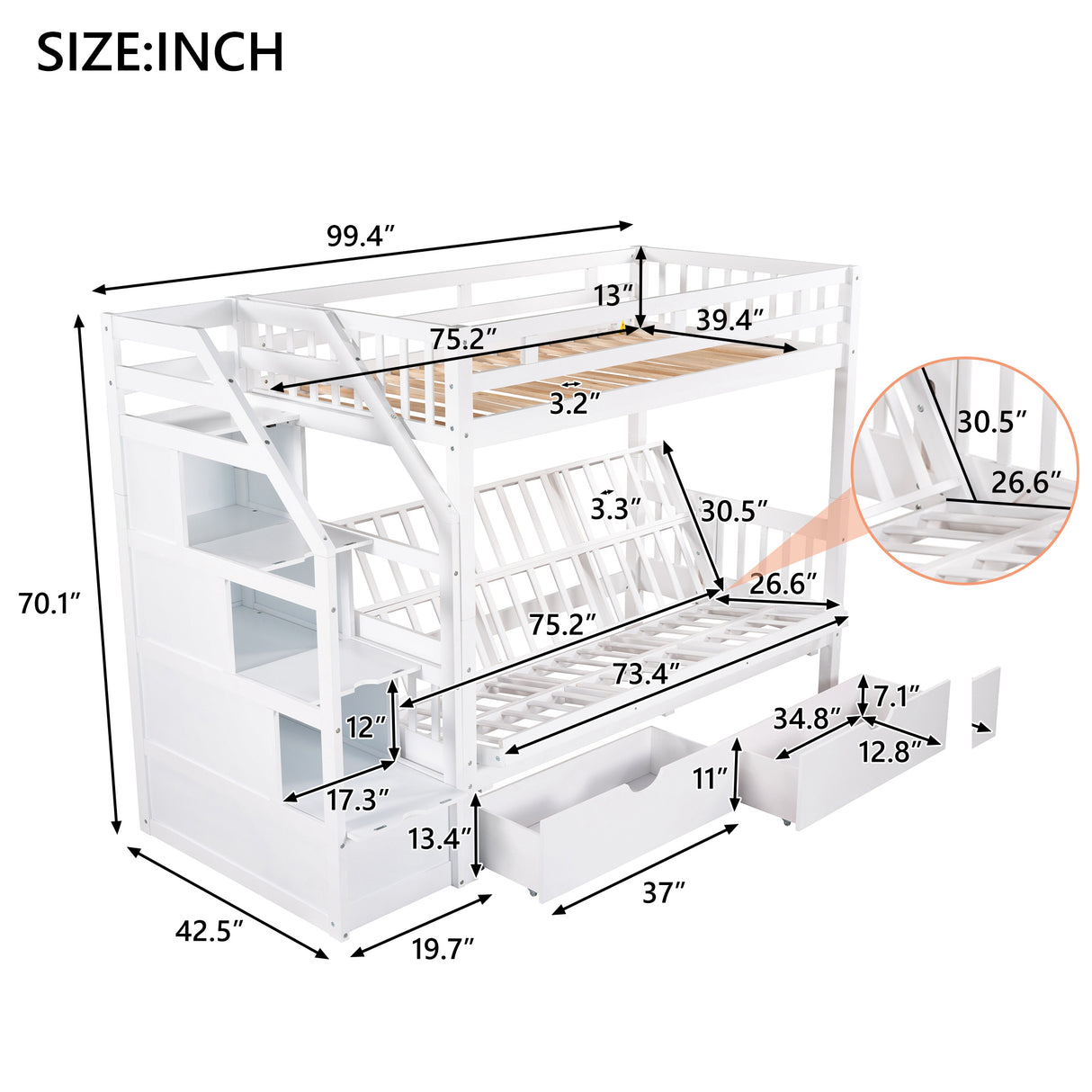 Twin over Full Bunk Bed with Two Drawers and Staircase, Down Bed can be Converted into Daybed,White Home Elegance USA