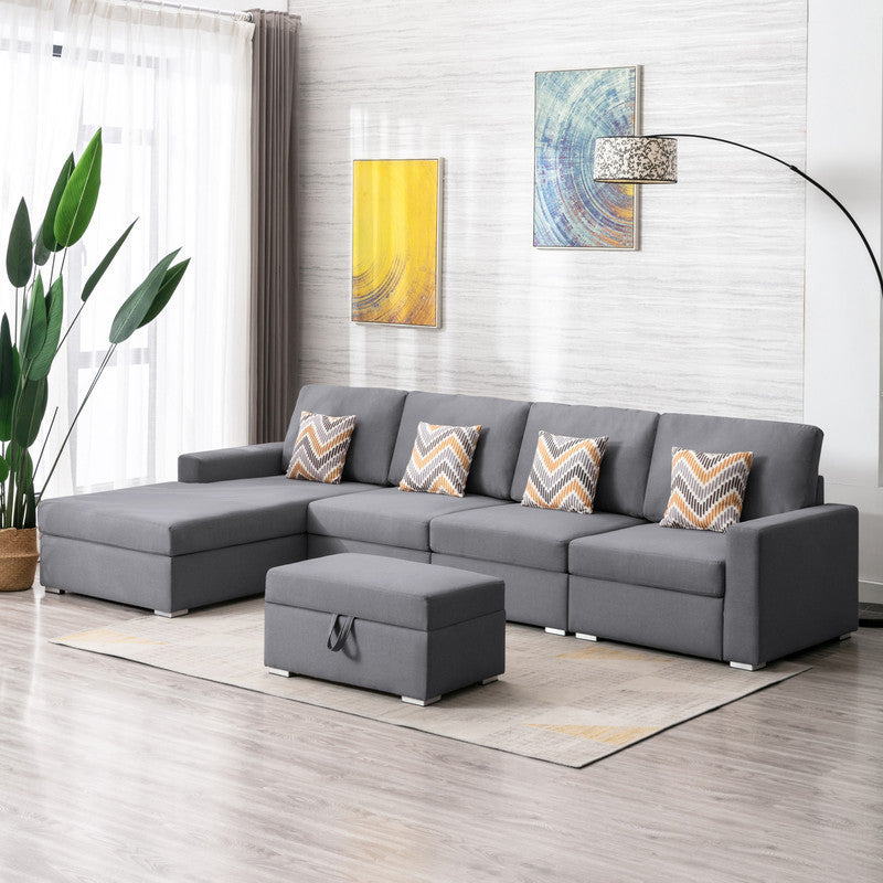 Nolan Gray Linen Fabric 5Pc Reversible Sofa Chaise with Interchangeable Legs, Storage Ottoman, and Pillows - Home Elegance USA