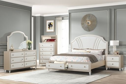 Tiffany King Size Storage Bed made with Wood in Ivory & Champagne Gold - Home Elegance USA