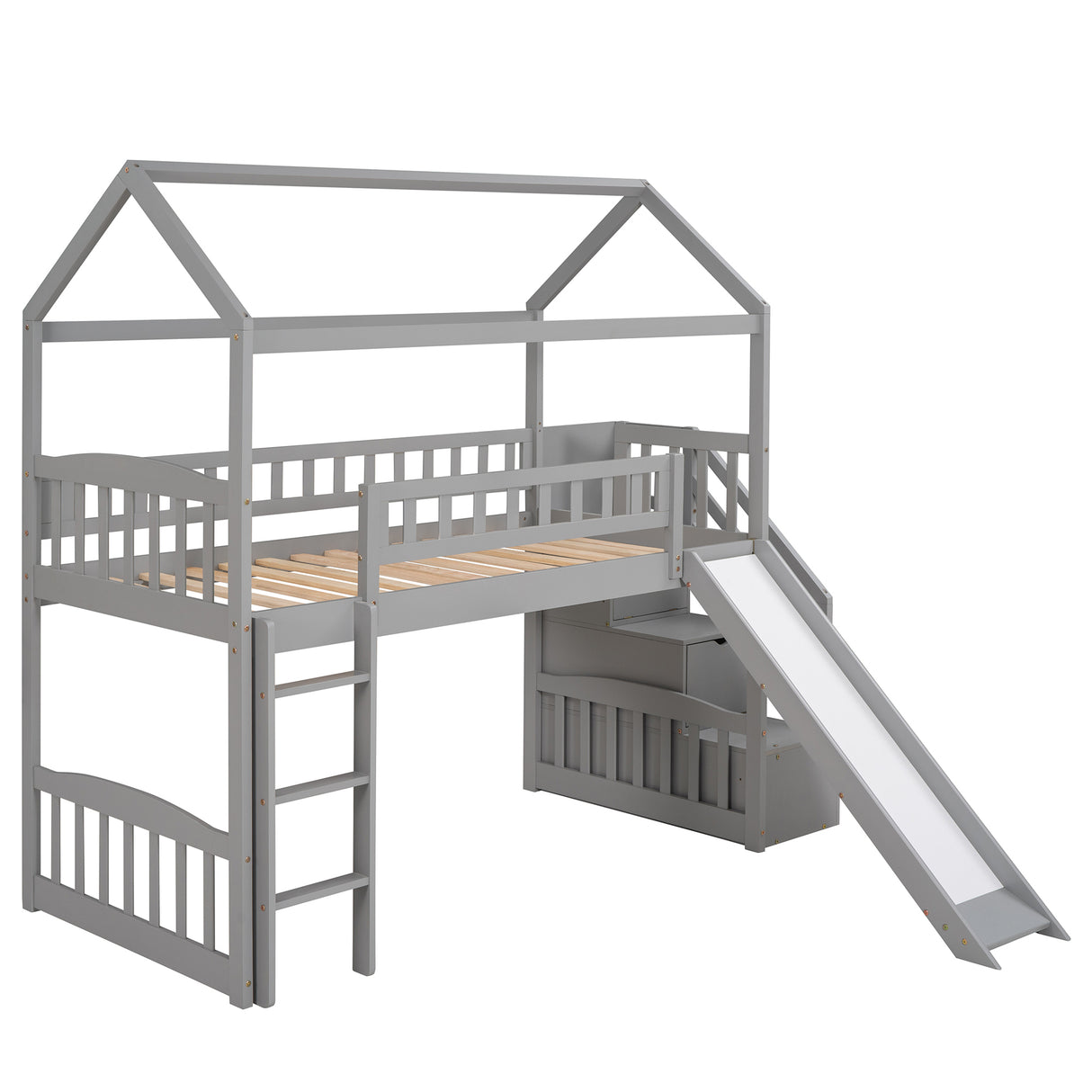 Twin Loft Bed with Two Drawers and Slide, House Bed with Slide,Gray (OLD SKU:LP000030AAE) - Home Elegance USA