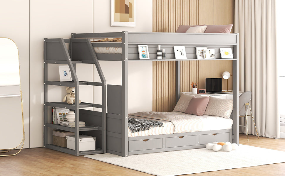 Wood Full Size Convertible Bunk Bed with Storage Staircase, Bedside Table, and 3 Drawers, Gray - Home Elegance USA