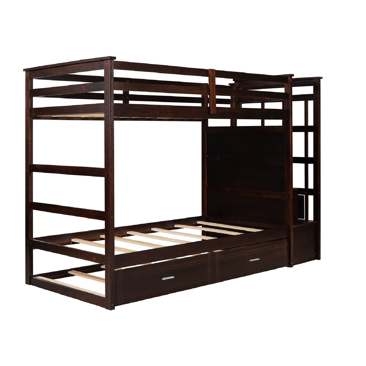 Solid Wood Bunk Bed , Hardwood Twin Over Twin Bunk Bed with Trundle and Staircase, Natural Espresso Finish (OLD SKU: LP000068AAP) - Home Elegance USA