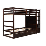 Solid Wood Bunk Bed , Hardwood Twin Over Twin Bunk Bed with Trundle and Staircase, Natural Espresso Finish (OLD SKU: LP000068AAP) - Home Elegance USA