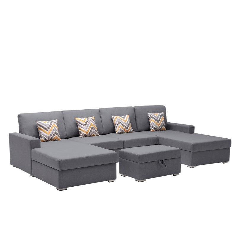 Nolan Gray Linen Fabric 5Pc Double Chaise Sectional Sofa with Interchangeable Legs, Storage Ottoman, and Pillows - Home Elegance USA