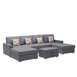 Nolan Gray Linen Fabric 5Pc Double Chaise Sectional Sofa with Interchangeable Legs, Storage Ottoman, and Pillows - Home Elegance USA