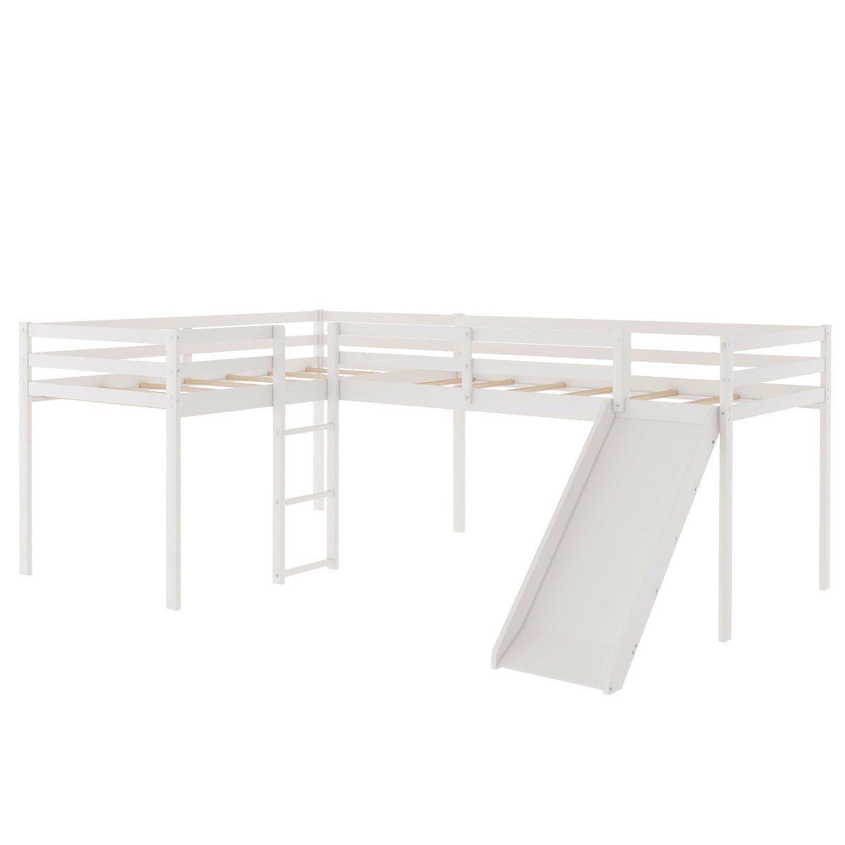 L-Shaped Twin Size Loft Bed with Ladder and Slide, White - Home Elegance USA