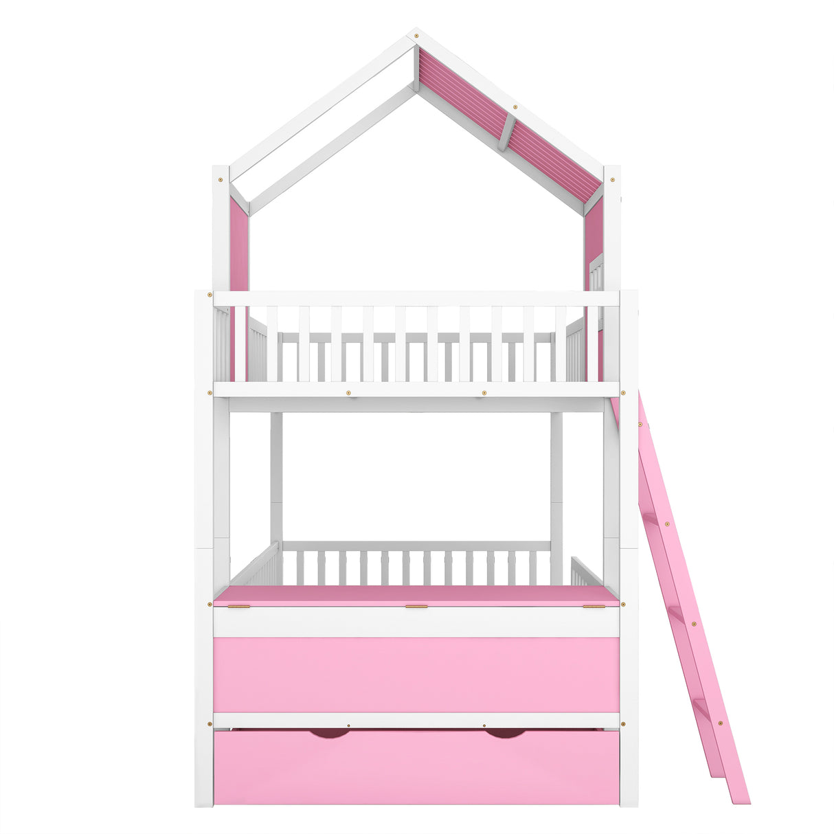 Full over Full Bunk Bed with Twin Size Trundle , Farmhouse Bed with Storage Box and Drawer - Pink - Home Elegance USA