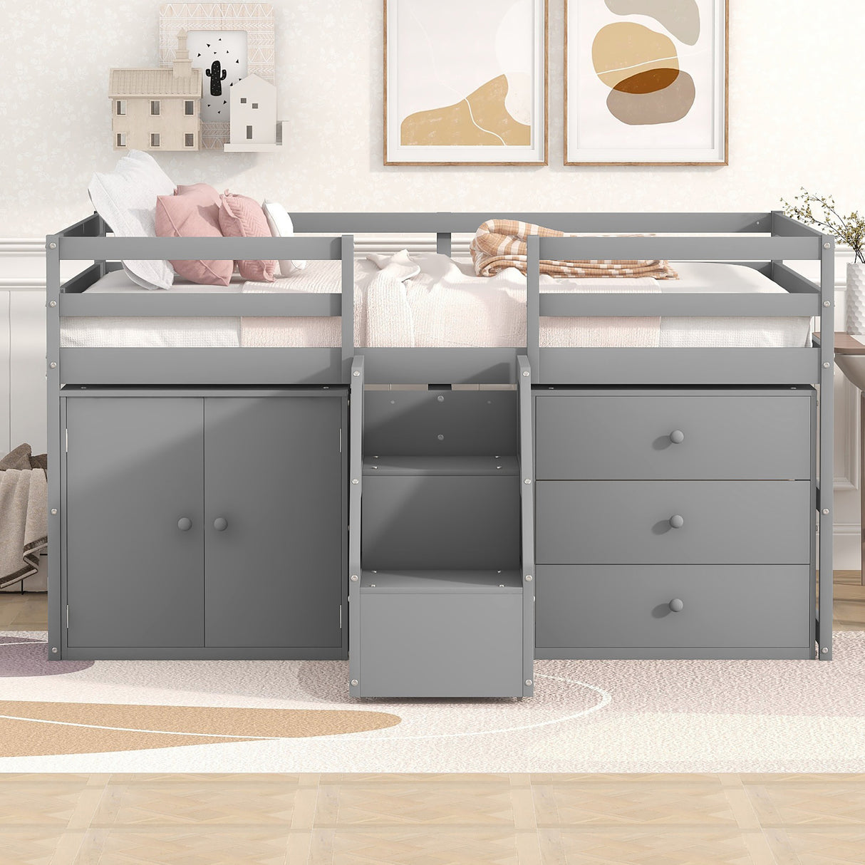 Full Size Functional Loft Bed with Cabinets and Drawers, Hanging Clothes at the back of the Staircase, Gray - Home Elegance USA