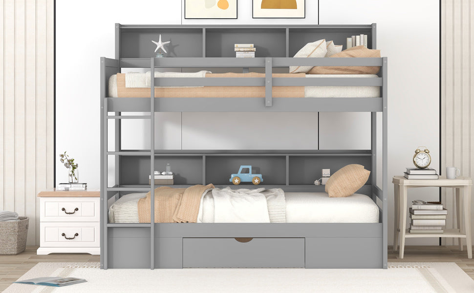 Twin Size Bunk Bed with Built-in Shelves Beside both Upper and Down Bed and Storage Drawer,Gray - Home Elegance USA