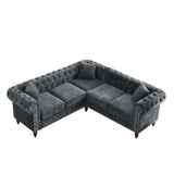 MH 80" Deep Button Tufted Upholstered Roll Arm Luxury Classic Chesterfield L-shaped Sofa 3 Pillows Included, Solid Wood Gourd Legs, Grey velvet - Home Elegance USA