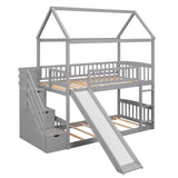 Twin Over Twin Bunk Bed with Drawers and Slide, House Bed with Slide,Gray(OLD SKU :LT000215AAE) - Home Elegance USA