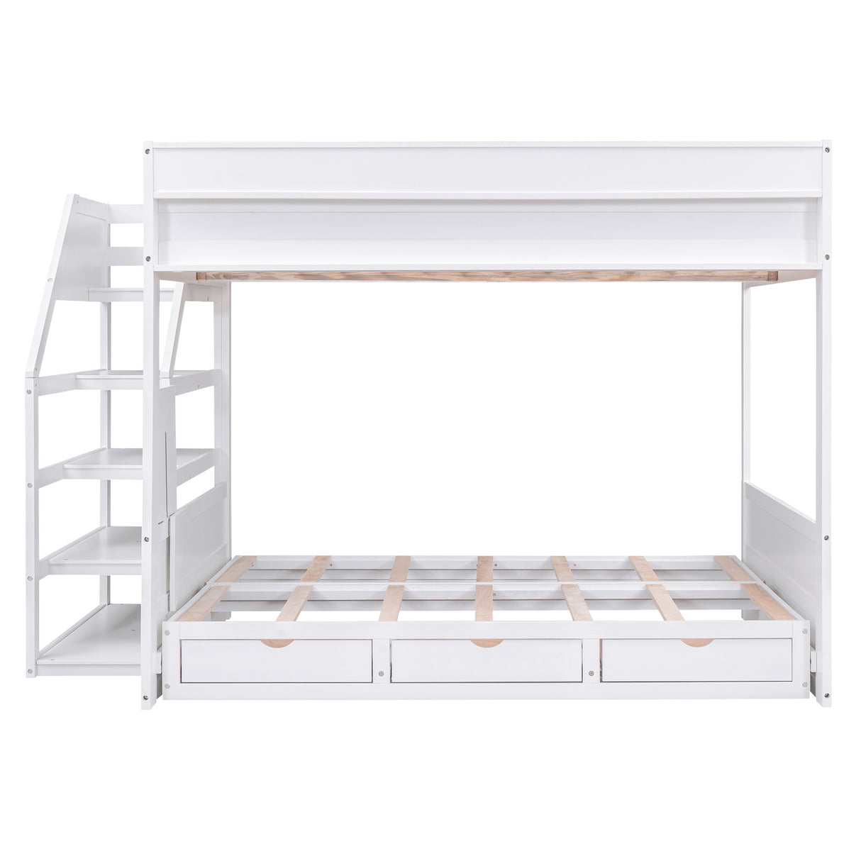 Wood Full Size Convertible Bunk Bed with Storage Staircase, Bedside Table, and 3 Drawers, White - Home Elegance USA