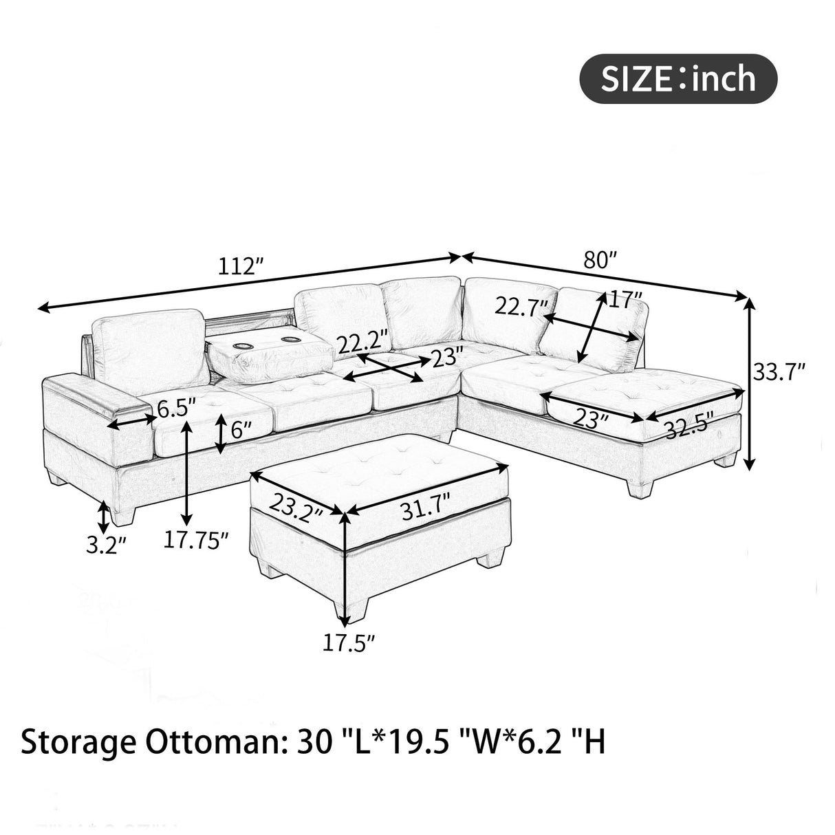 Orisfur. Modern Sectional Sofa with Reversible Chaise, L Shaped Couch Set with Storage Ottoman and Two Cup Holders for Living Room - Home Elegance USA