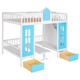 Full-Over-Full Bunk Bed with Changeable Table , Bunk Bed Turn into Upper Bed and Down Desk - Blue - Home Elegance USA