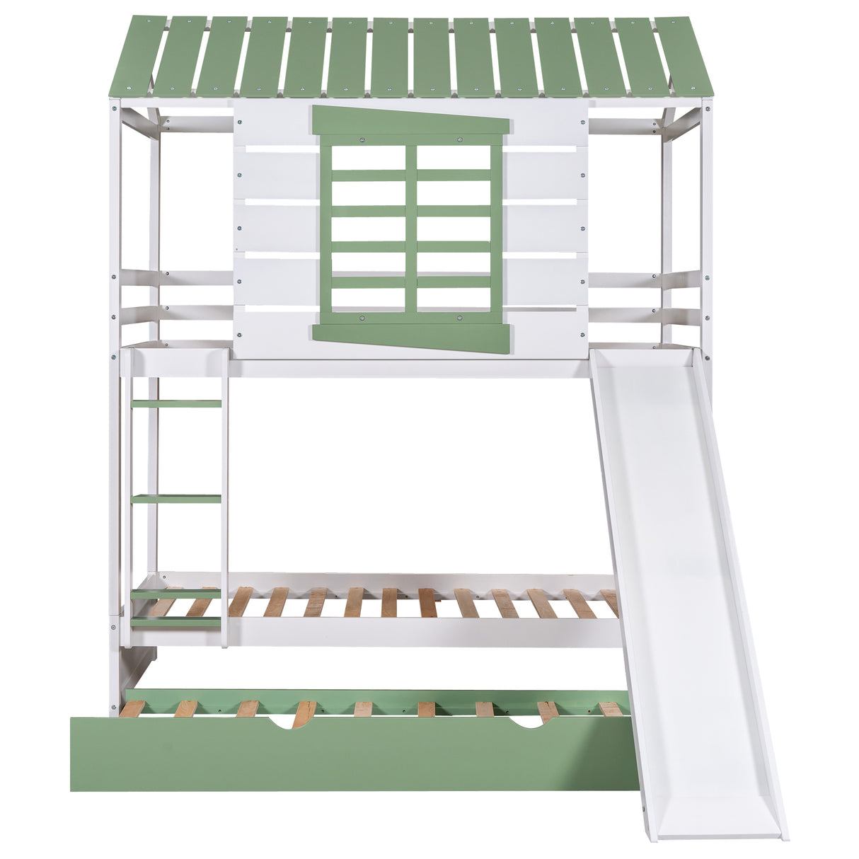 Twin over Twin Size House Bunk Bed with Convertible Slide and Trundle, White+Green - Home Elegance USA