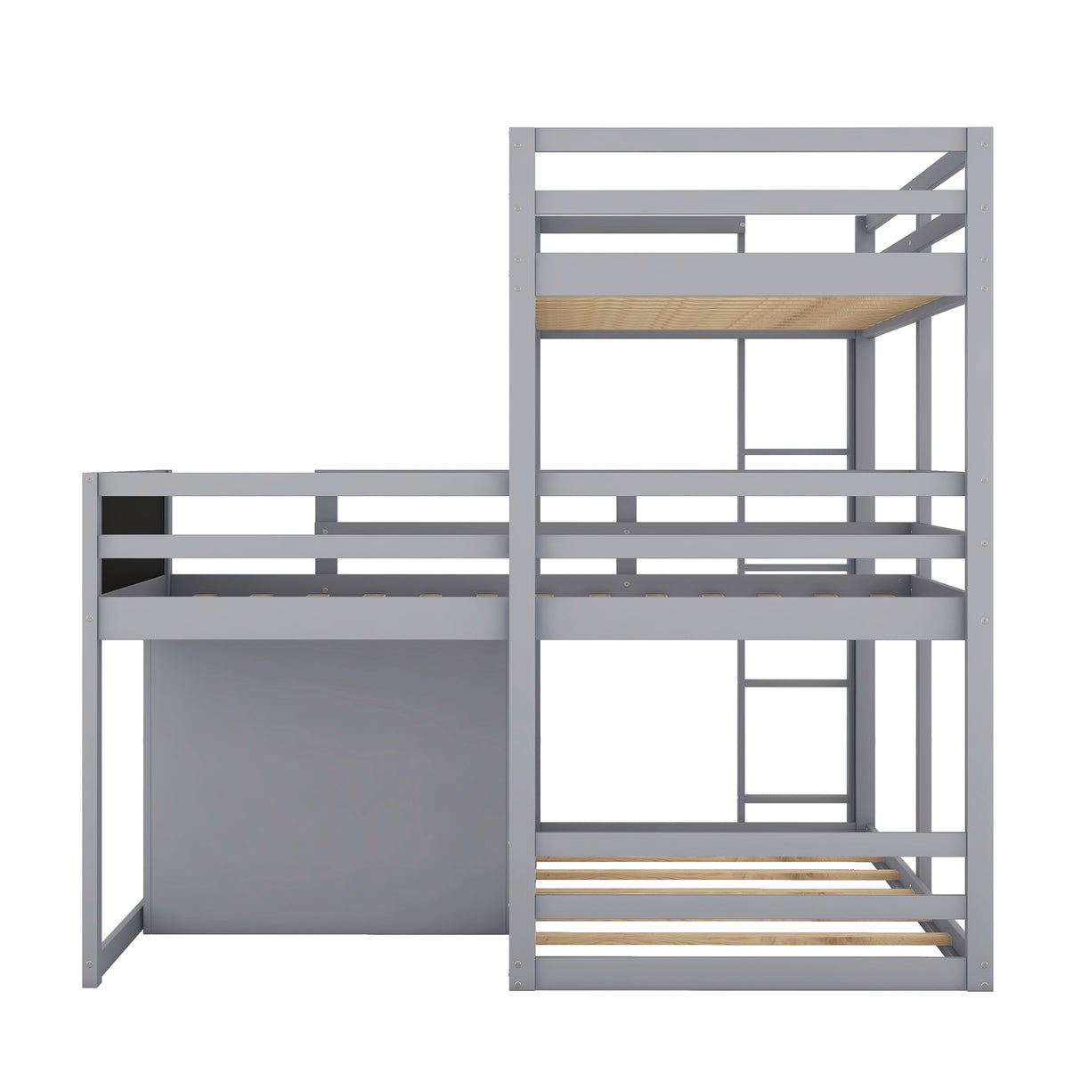 L-shaped Wood Triple Twin Size Bunk Bed with Storage Cabinet and Blackboard, Ladder, Gray - Home Elegance USA