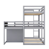 L-shaped Wood Triple Twin Size Bunk Bed with Storage Cabinet and Blackboard, Ladder, Gray - Home Elegance USA