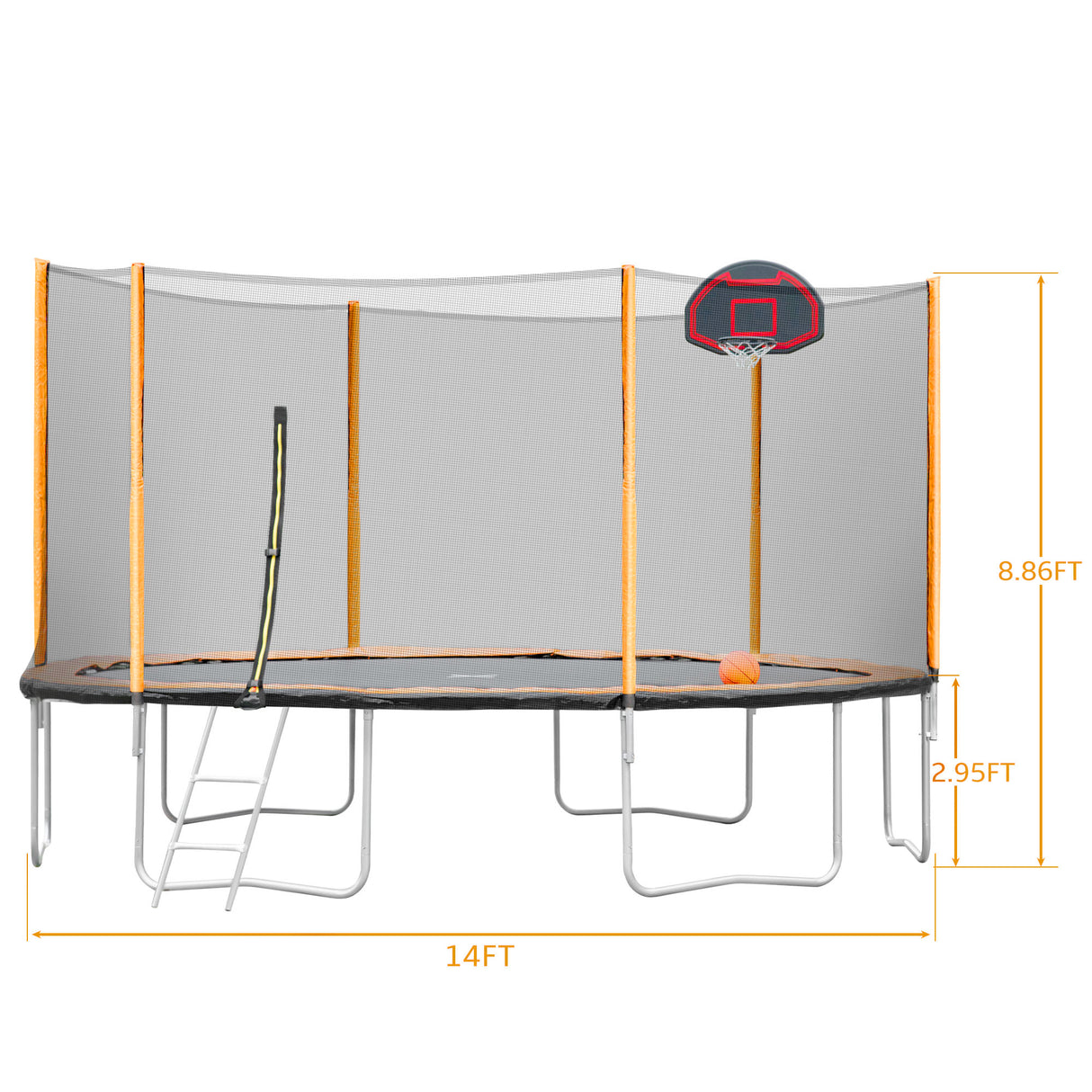 14FT Powder - coated Advanced Trampoline with Basketball Hoop Inflator and Ladder(Outer Safety Enclosure) Orange - W550S00014 - image - 4