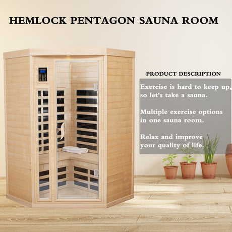 Pentagonal  Canadian hemlock sauna room.Far Infrared Sauna 7 Low EMF Heaters, Wooden Sauna Room 1600 Watt, Chromotherapy, Bluetooth Speaker, LCD, LED.Celsius can be converted to Fahrenheit.