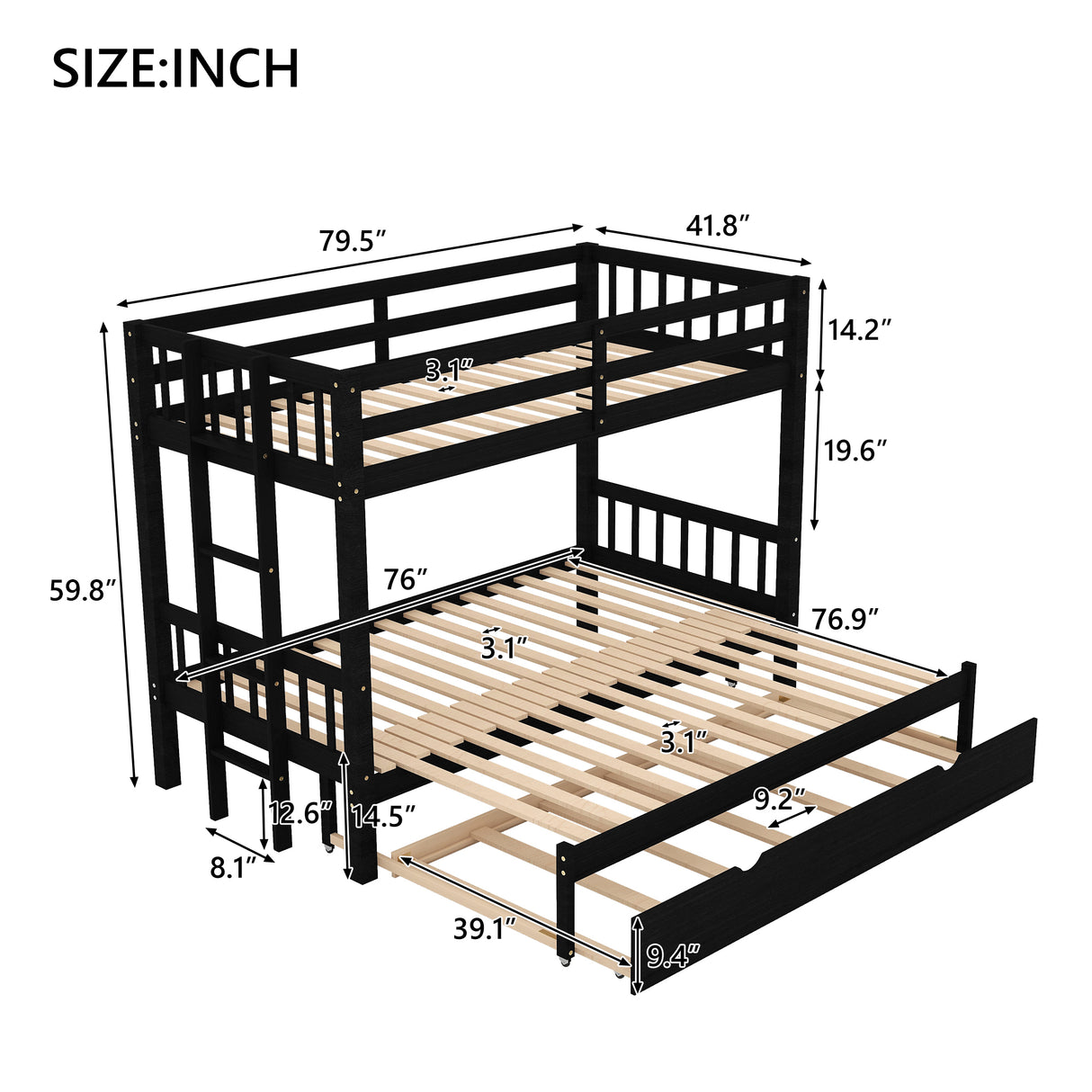 Twin over Pull-out Bunk Bed with Trundle, Espresso - Home Elegance USA