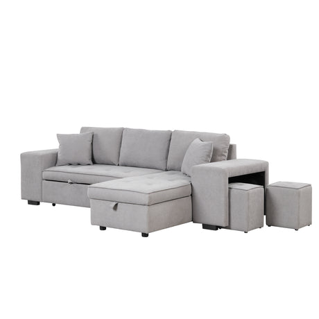 104" Pull Out Sleeper Sofa Reversible L - Shape 3 Seat Sectional Couch with Storage Chaise and 2 Stools for Living Room Furniture Set,Gray - SG000430AAE - image - 1