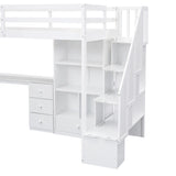 Twin Size Loft Bed with L-Shaped Desk and Drawers, Cabinet and Storage Staircase, White - Home Elegance USA