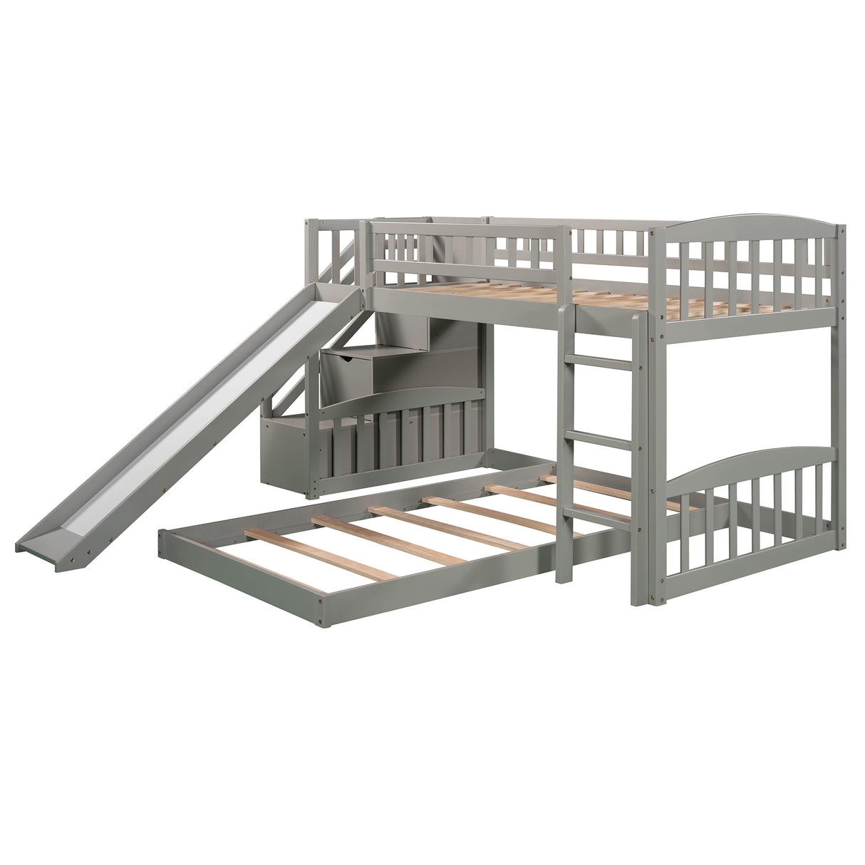 Stairway Twin over Twin Bunk Bed with Two Drawers and Slide, Gray(OLD SKU :LP000156AAE) - Home Elegance USA