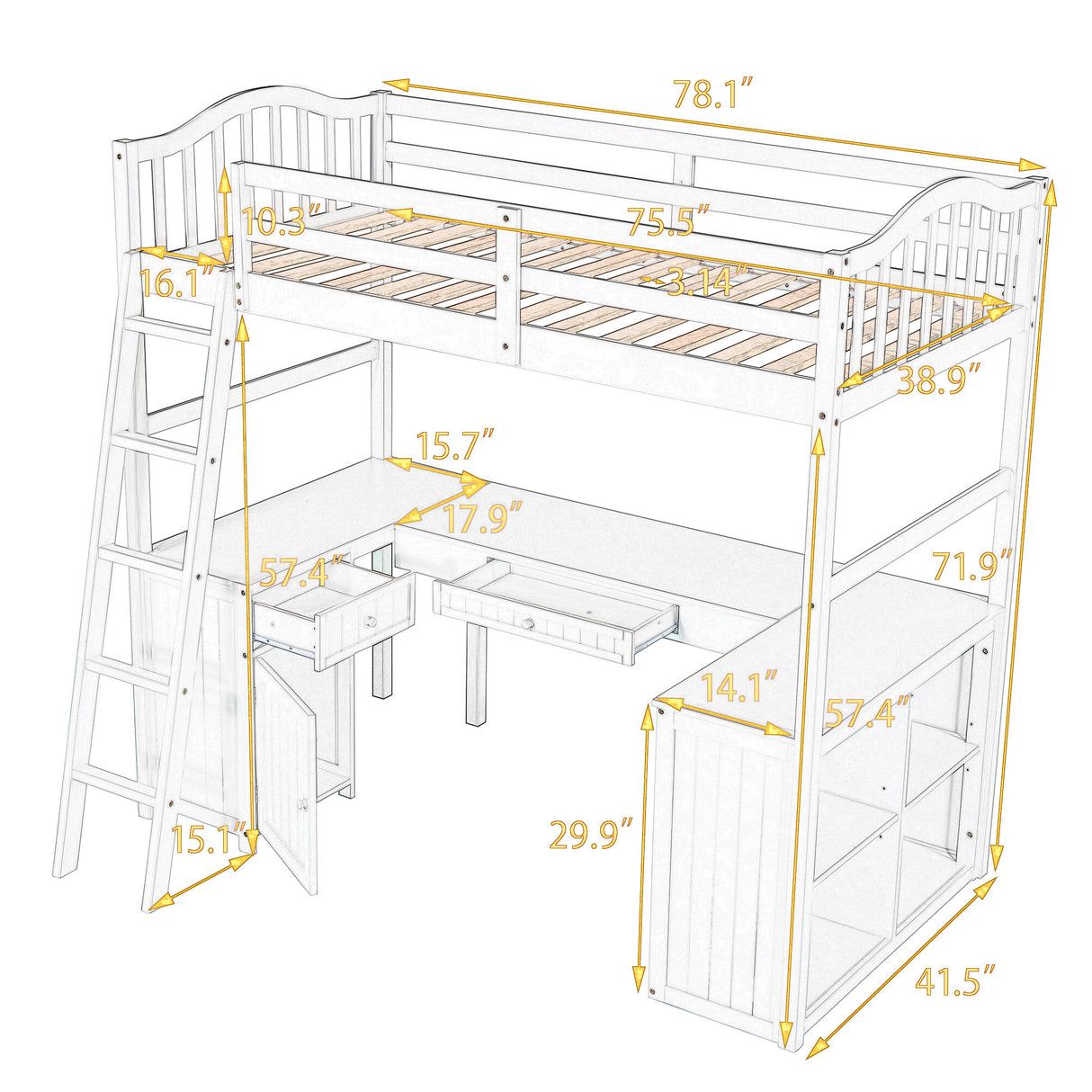 Twin size Loft Bed with Drawers, Cabinet, Shelves and Desk, Wooden Loft Bed with Desk - Espresso(OLD SKU :LP000505AAP) - Home Elegance USA