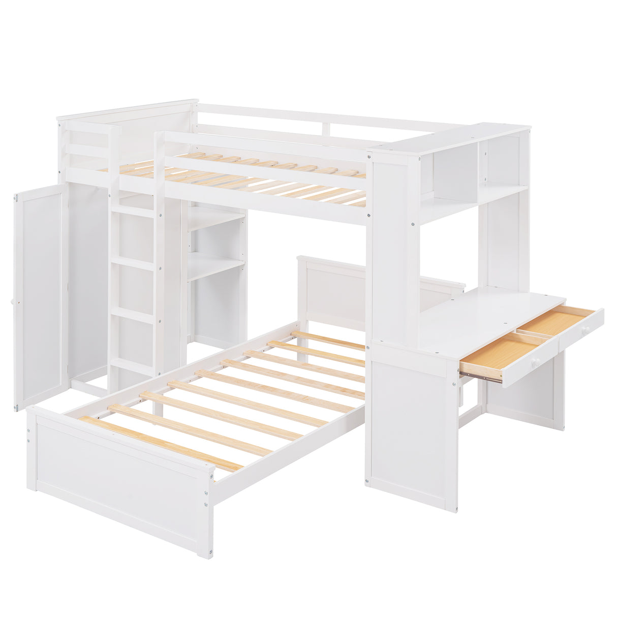 Twin size Loft Bed with a Stand-alone bed, Shelves,Desk,and Wardrobe-White - Home Elegance USA