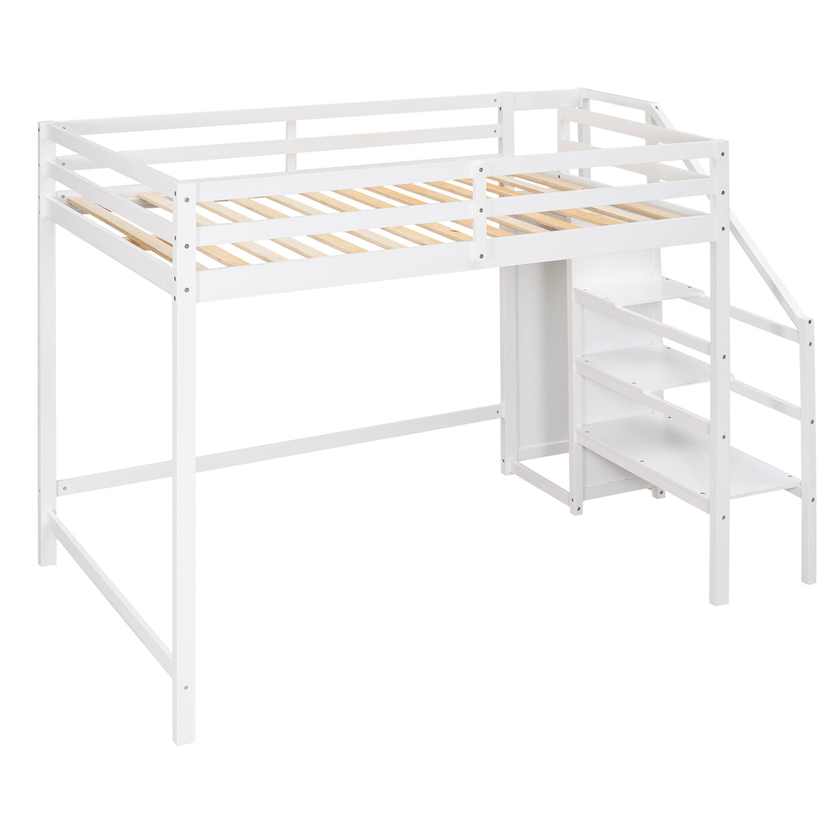 Full Size Loft Bed with Built-in Storage Wardrobe and Staircase,White - Home Elegance USA